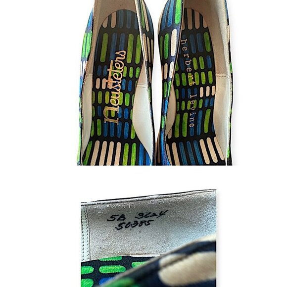 Vintage Herbert Levine Pumps |1960s Mod| Blue Green Geometric, Bow | Size 5.5A - Picture 11 of 14